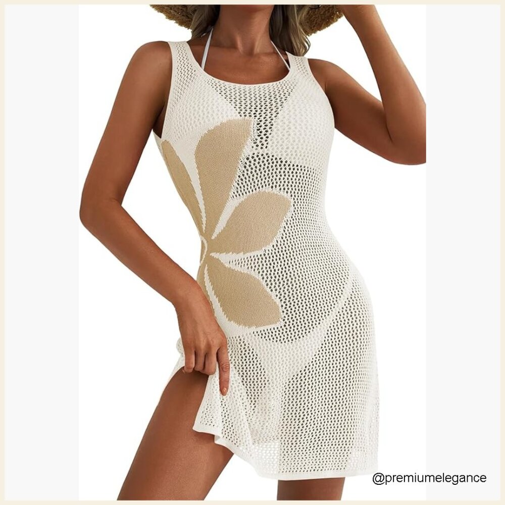 Crochet Swimsuit Coverup Sleeveless Floral Boho Beach Dress